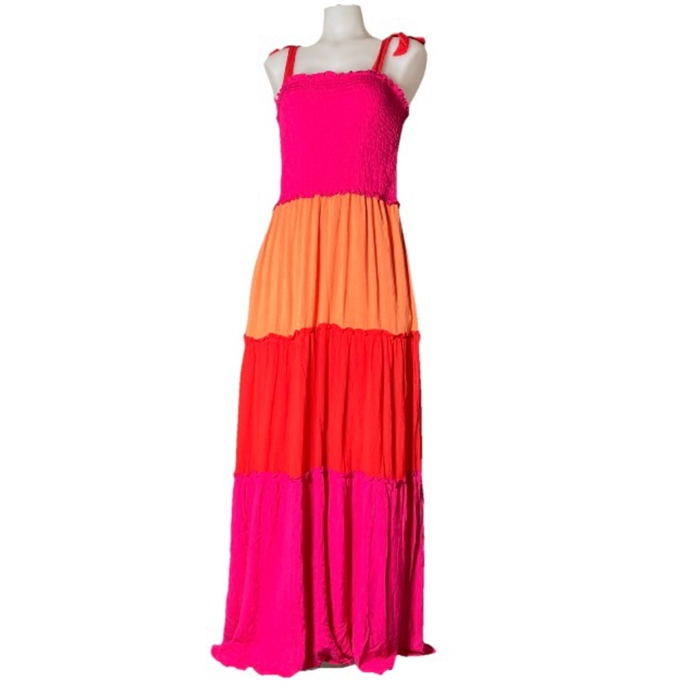 BeBop Vibrant Layered Dress in Red, Orange, and Pink size L gently used.